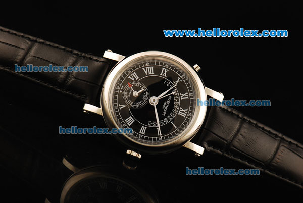 Patek Philippe Automatic Movement Steel Case with Black Dial and White Roman Numerals-Black Leather Strap - Click Image to Close